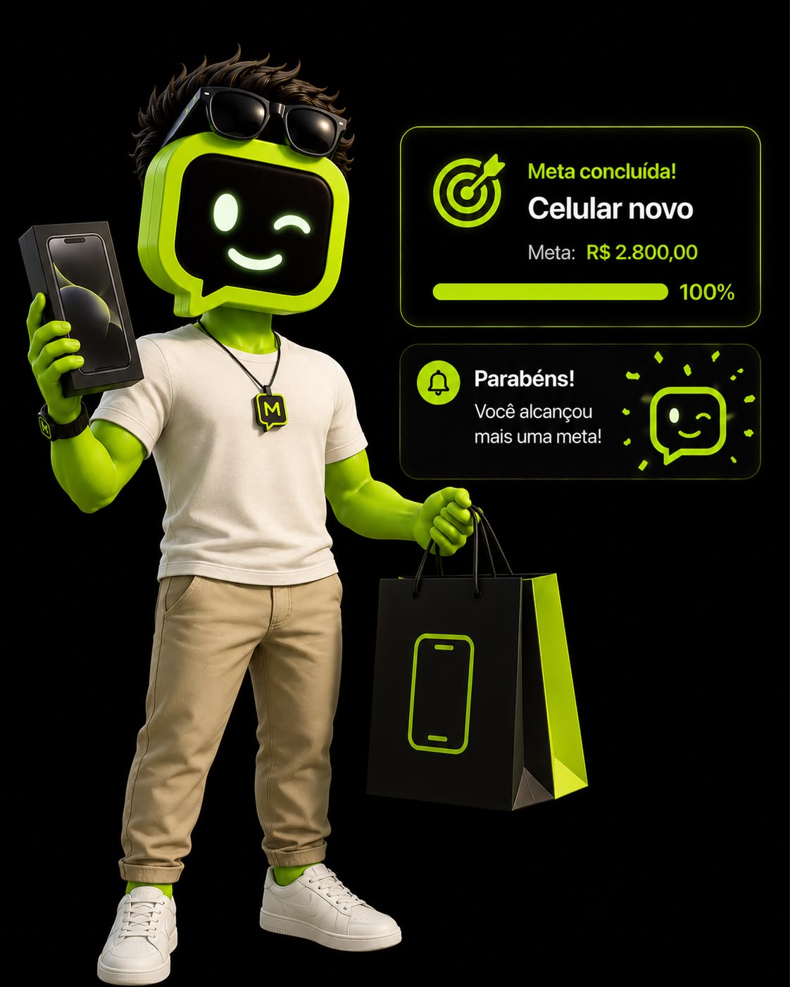 Mascote do MeControla comemorando uma meta concluída: celular novo, R$ 2.800, 100% atingido.