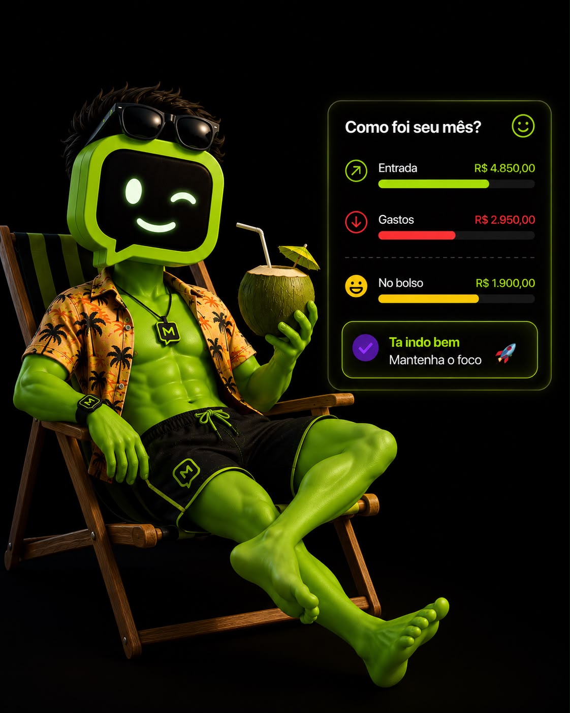 Mascote do MeControla com o painel 'Como foi seu mês?' ao lado, mostrando entradas, gastos e quanto sobrou no bolso.